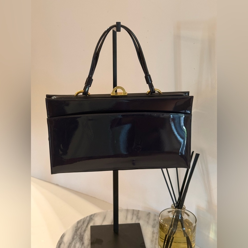 Vintage Elegant Crown Lewis Patent Leather NAVY Handbag. Shiny. Two Top Handles